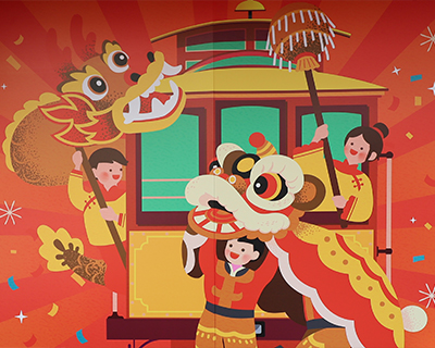 san francisco chinatown mural lion and dragon dance cable car