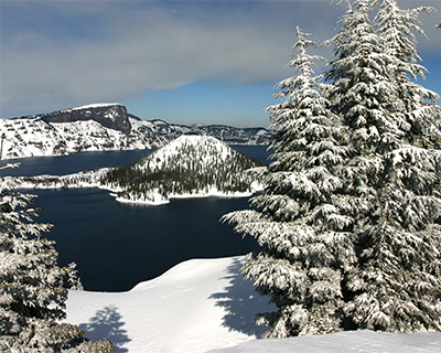 crater lake in winter